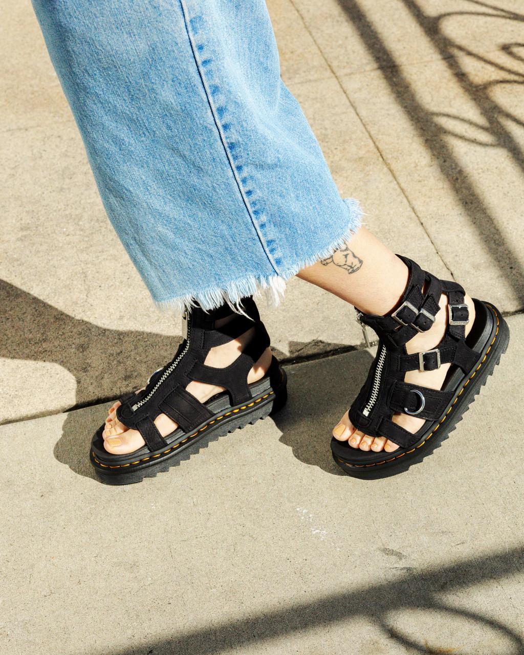 Sandalias Dr Martens Olson Tumbled Nubuck Leather Gladiator Zip Mujer Negras | 25615448
